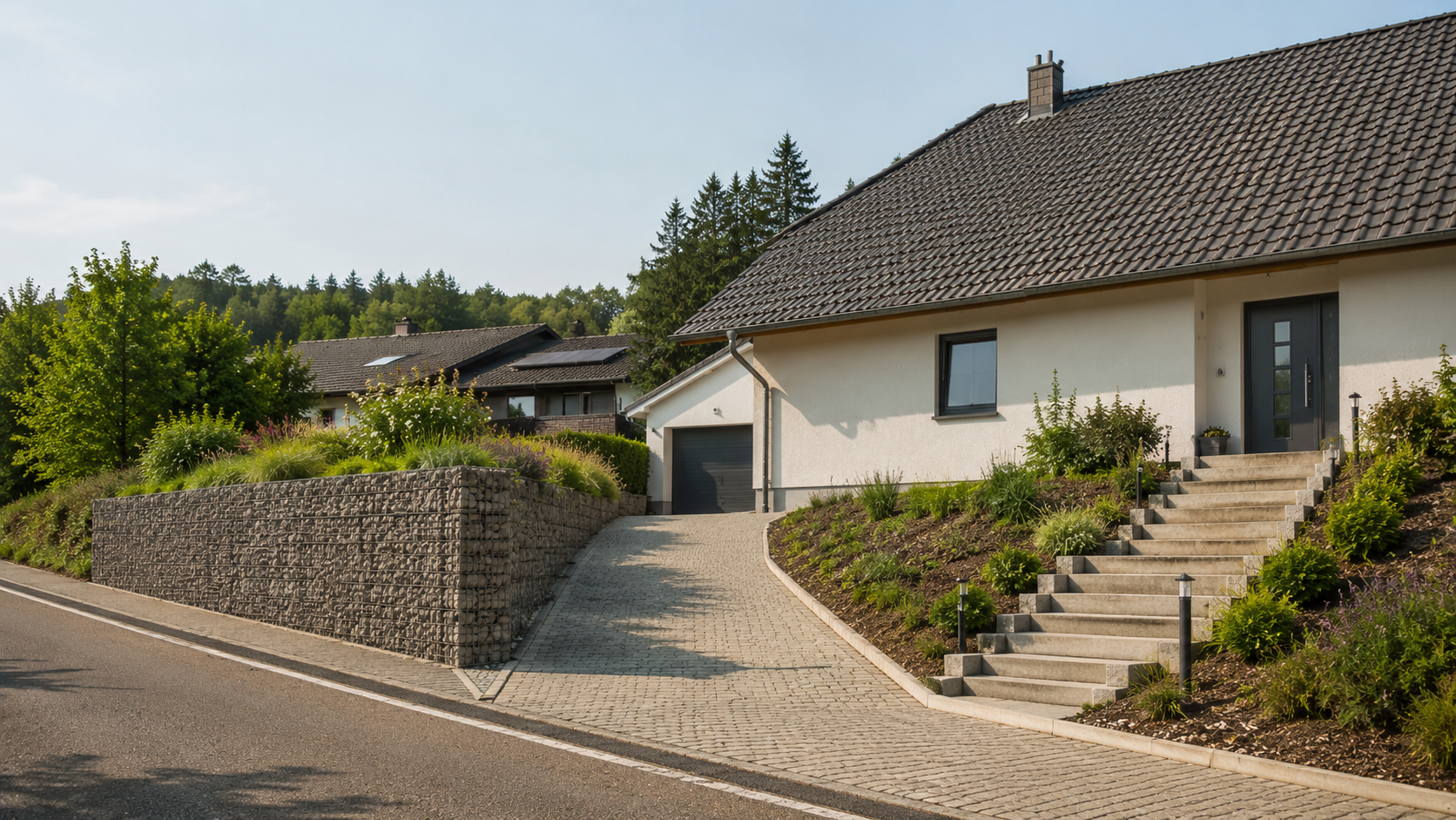 Gepflasterte Einfahrt mit Gabionenmauer und Treppe