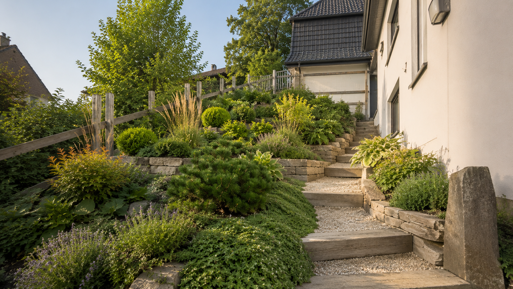 Hanggarten mit Natursteinmauern und üppiger Bepflanzung