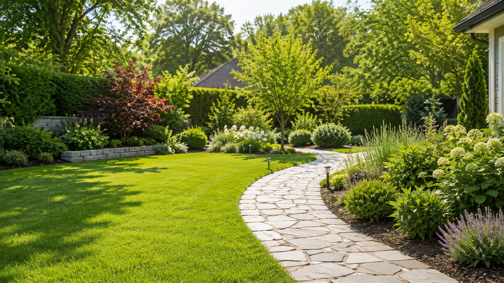Gepflegter Garten mit Natursteinweg – Gala-Bau Mario Quast